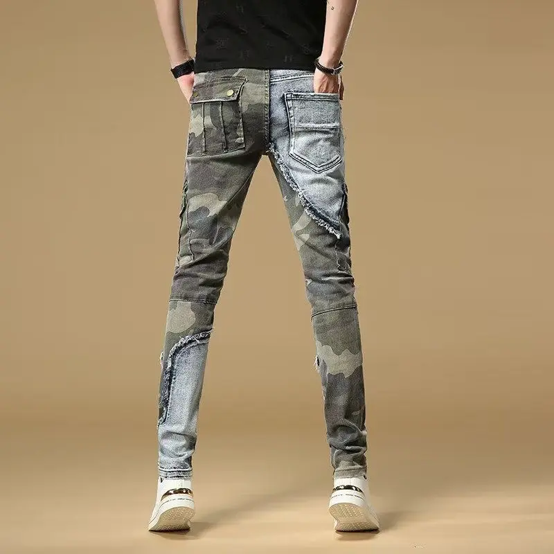 Mens Clothes Thin Stretch Jeans Men's Slim-fit Thin Nostalgic Small-footed Pants Ripped Splicing Pleated Mecha Designer Pants