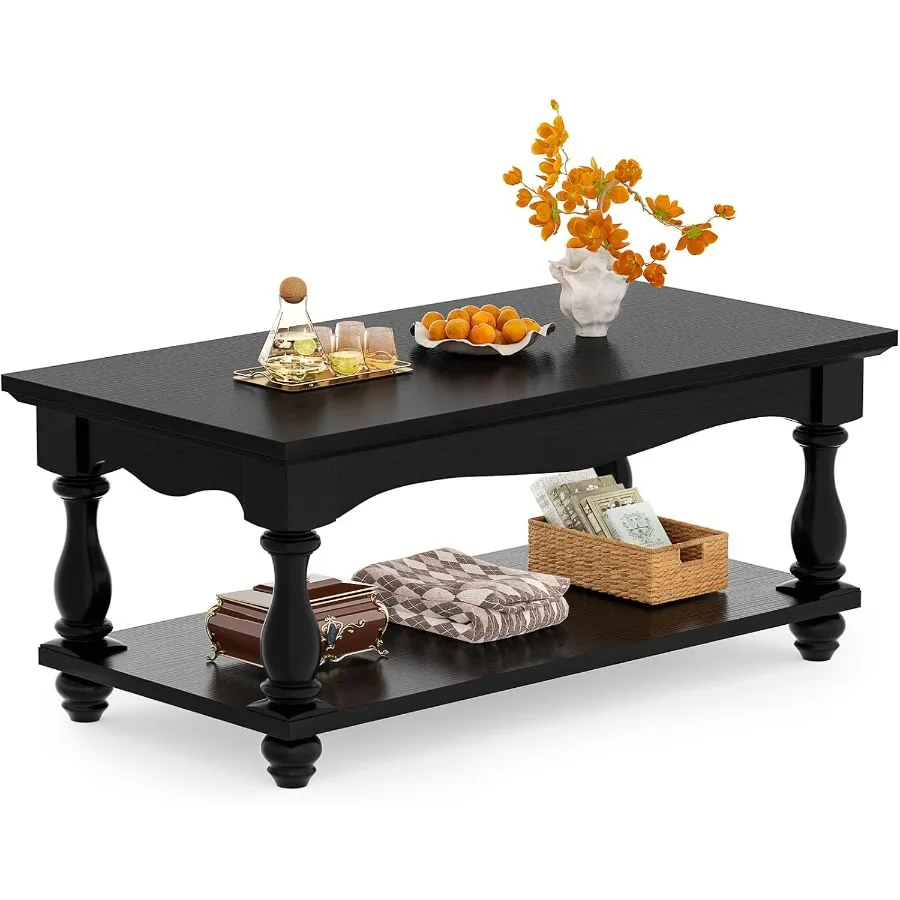47 Farmhouse Coffee Table with 2-Tier Storage, wood, natural brown, rustic charm and ample hidden storage