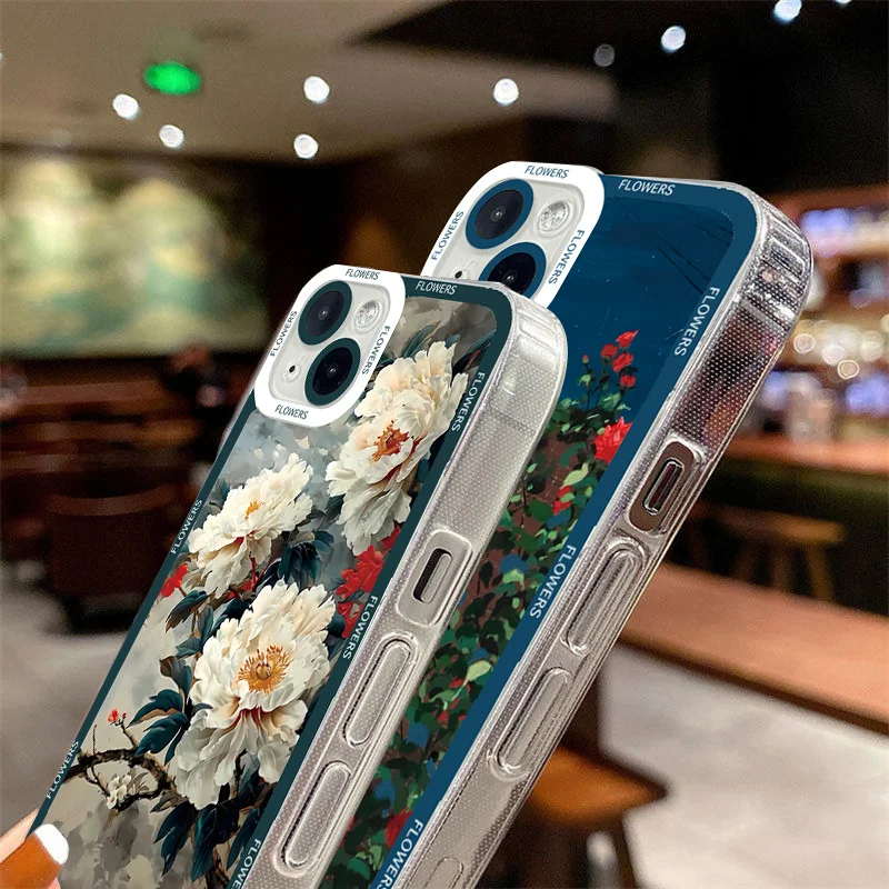 Oil Painting Flowers Phone Case For iPhone 15 14 13 12 11 Pro Max Mini XS X XR SE 2020 2022 7 8 Plus Transparent Soft TPU Cover