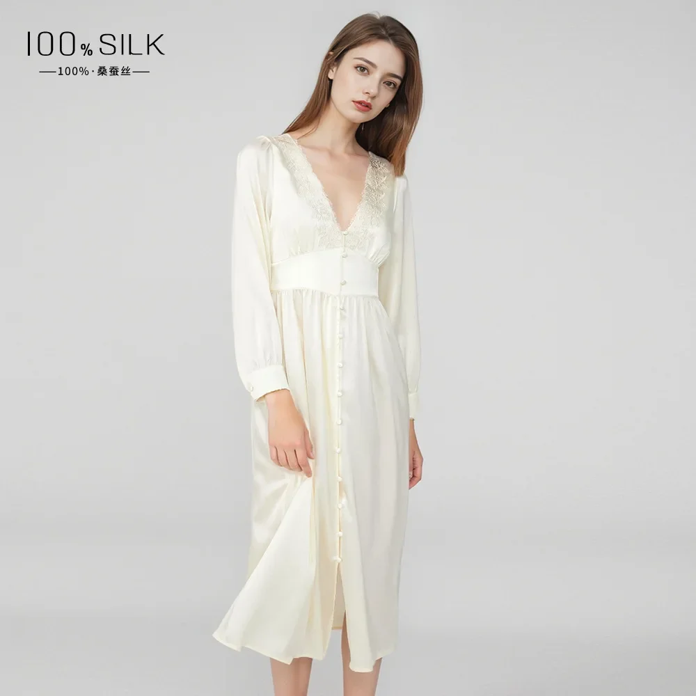 

Mulberry Silk Long Satin Nightdress 19MM Heavy Silk Sexy Ladies Night Dress Sleepwear Chemise Embroidery Long-sleeved Langerie