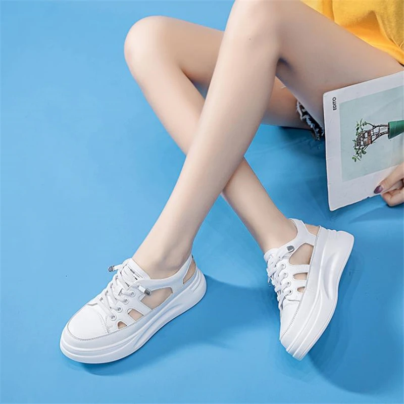 Women Platform Sandals Genuine Leather Comfy Flats Comfortable Ladies Casual Shoes White Sneakers Hollow Out Female Sandals