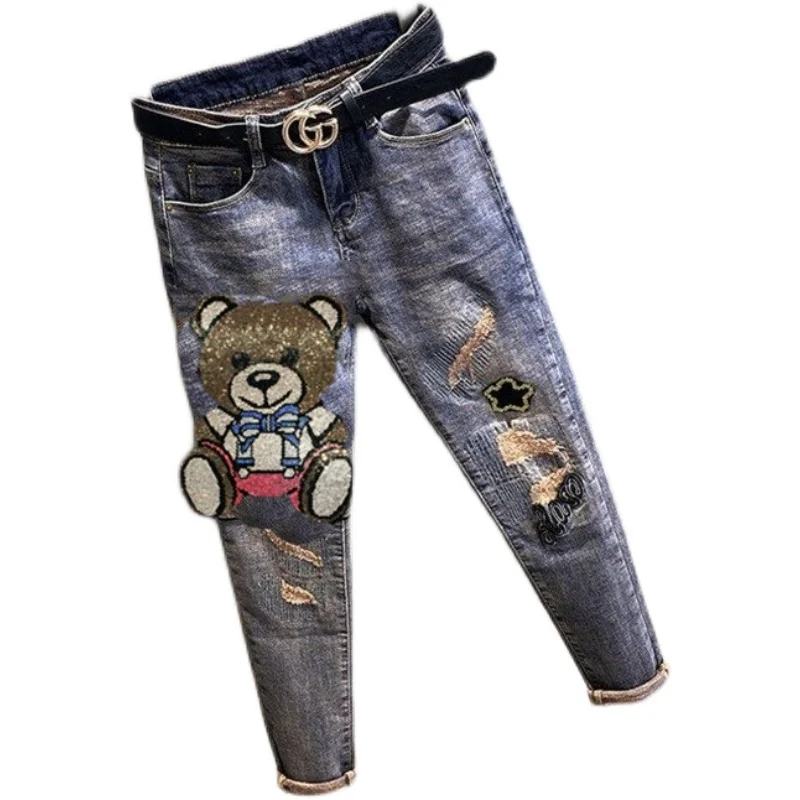 

Женские джинсы скинни с высокой талией, брюки-карандаш, утягивающие длинные брюки с мультяшным дизайном и бриллиантами, весна 2023, мода