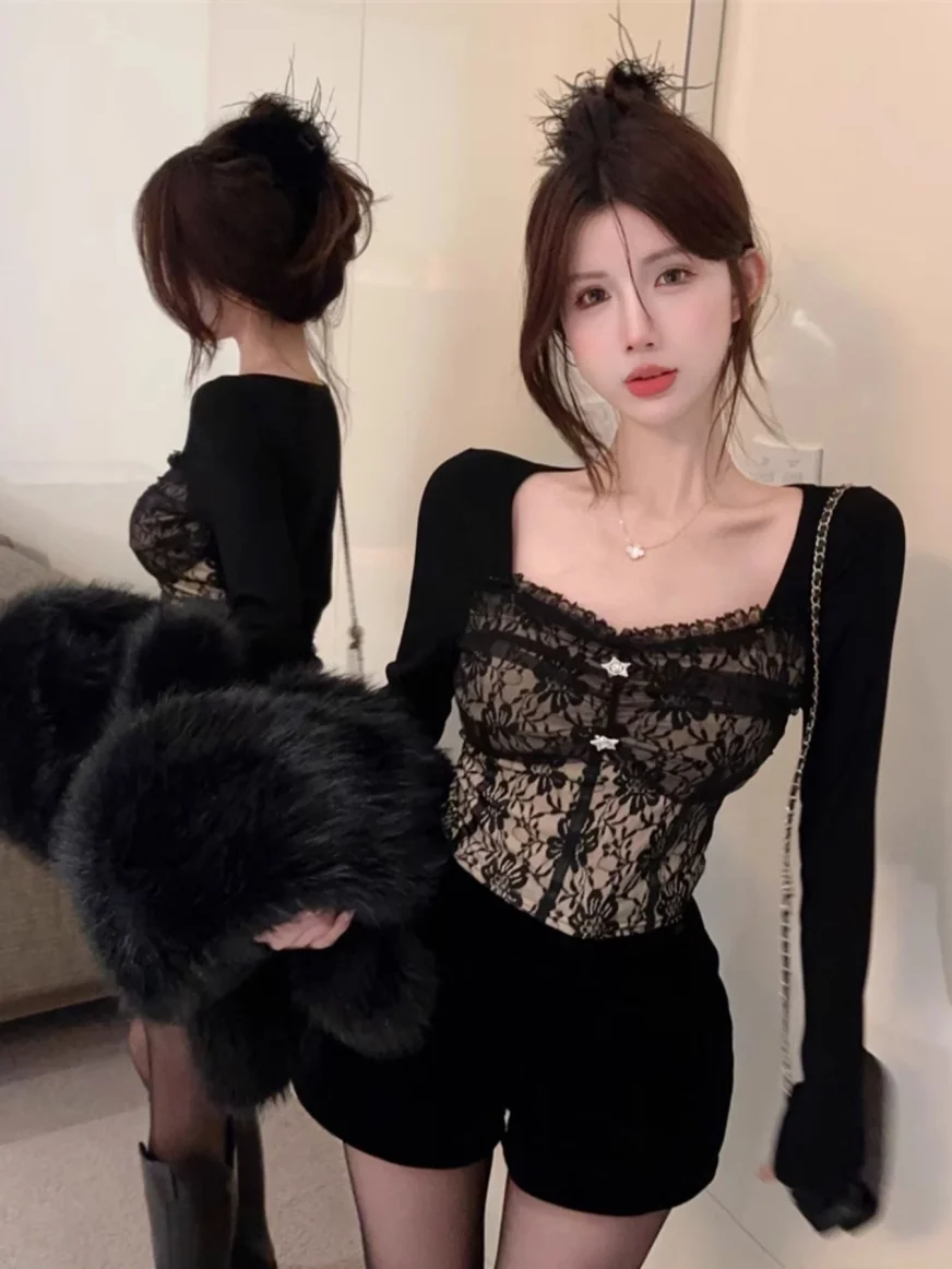 Elegant Square Collar Lace Splicing Black Bottoming Shirt Women Waist Unique Top