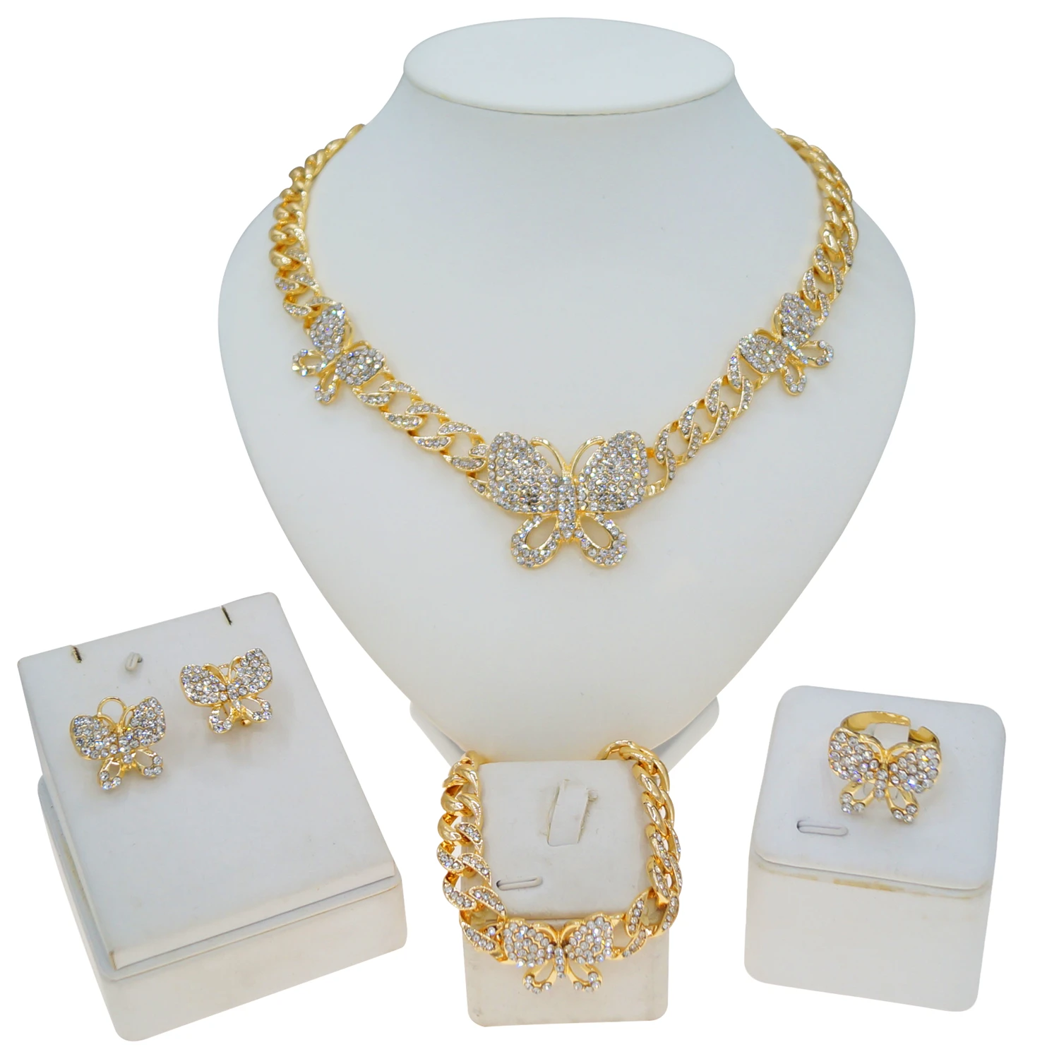 

Women's Butterfly Necklace Set Cuban Pendant Rhinestone Shiny Earrings Gift Jewelry