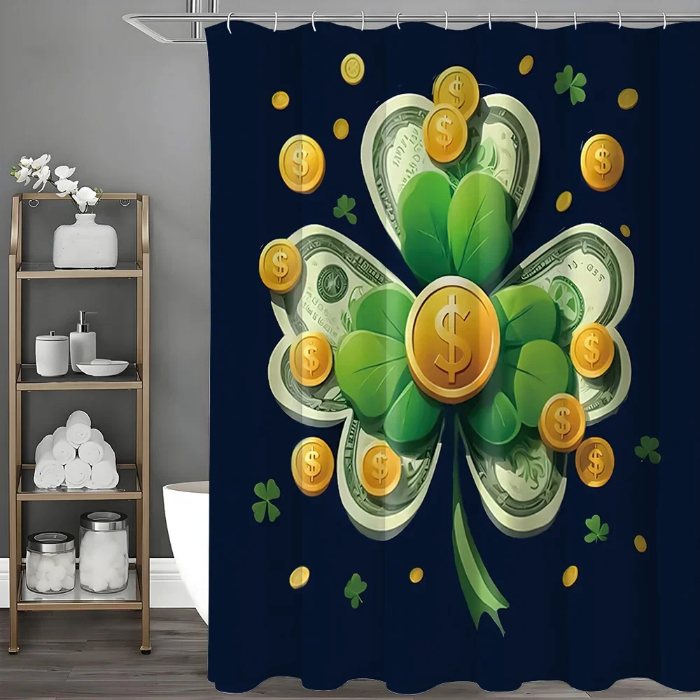 

St. Patrick's Day Shamrock Coin and Golden Dollar Bill Design Shower Curtain, Bathroom Decorative Shower Curtain, Waterproof Sho