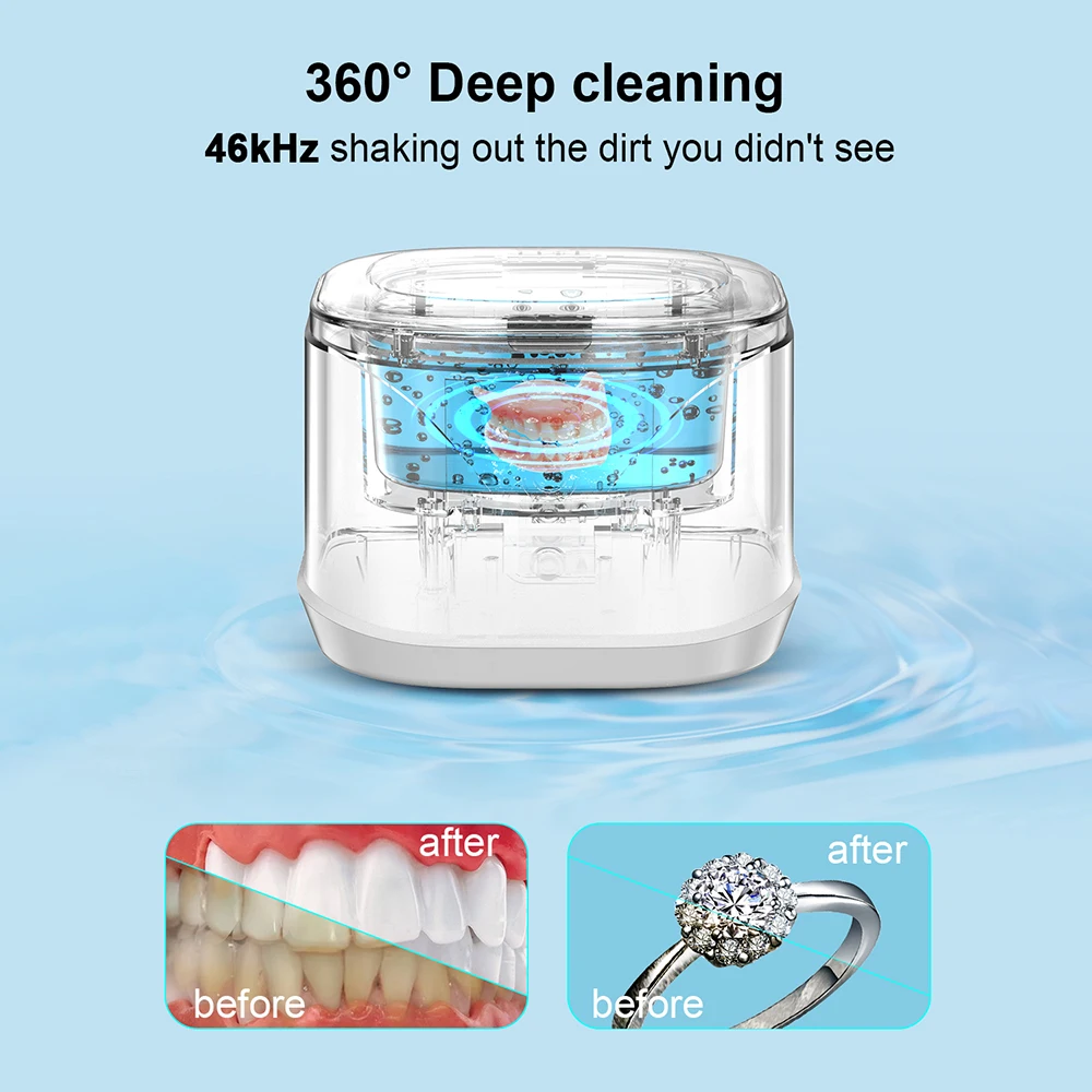 46kHz Ultrasonic Cleaner Portable Retainer Denture Cleaning Denture Bath Pulsating Cleaning Kit For Jewelry False Teeth Aligner