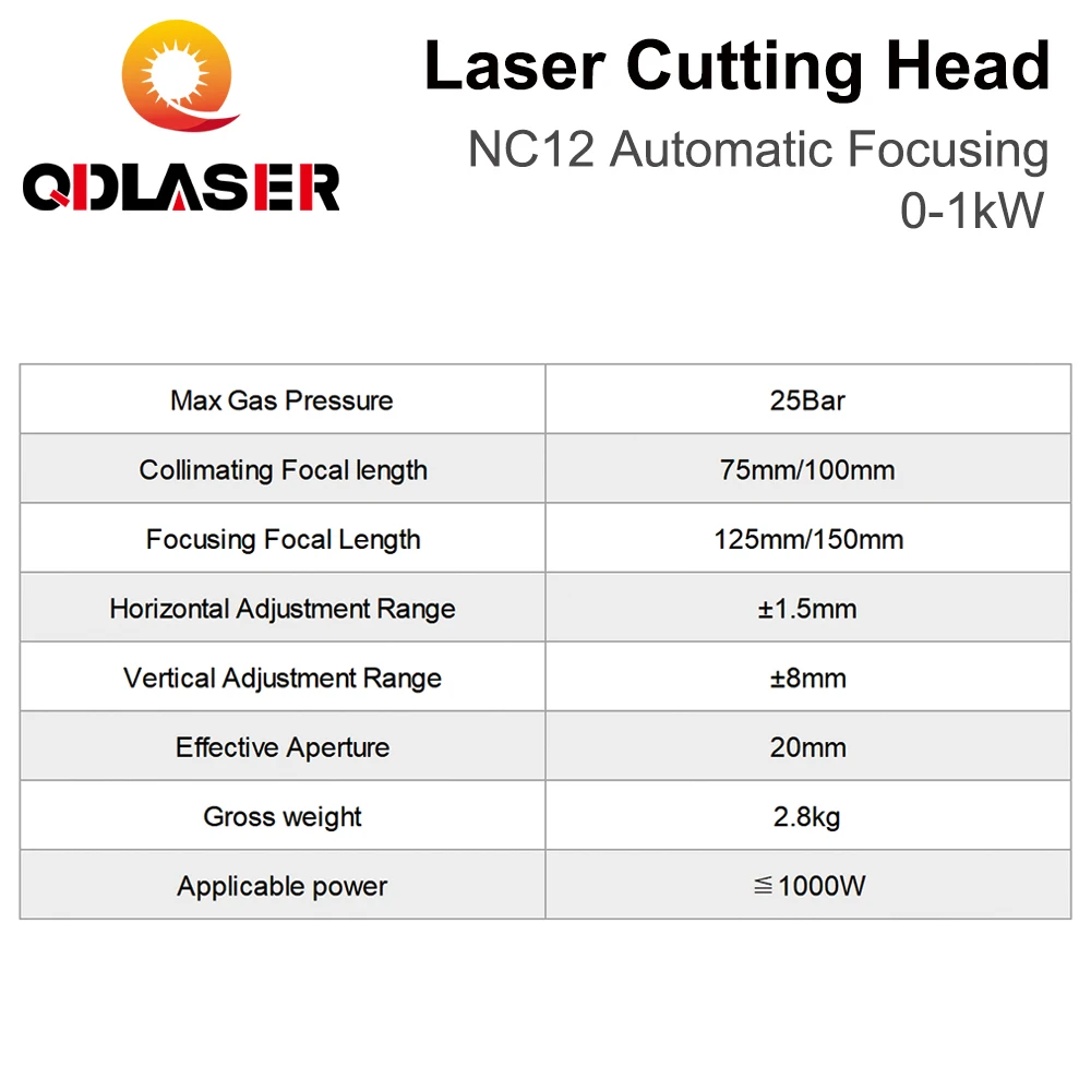 QDLASER WSX Testa di taglio laser a fibra QBH 0-1KW NC12 Messa a fuoco automatica 1000W Lente di collimazione F75/100mm per il taglio dei metalli