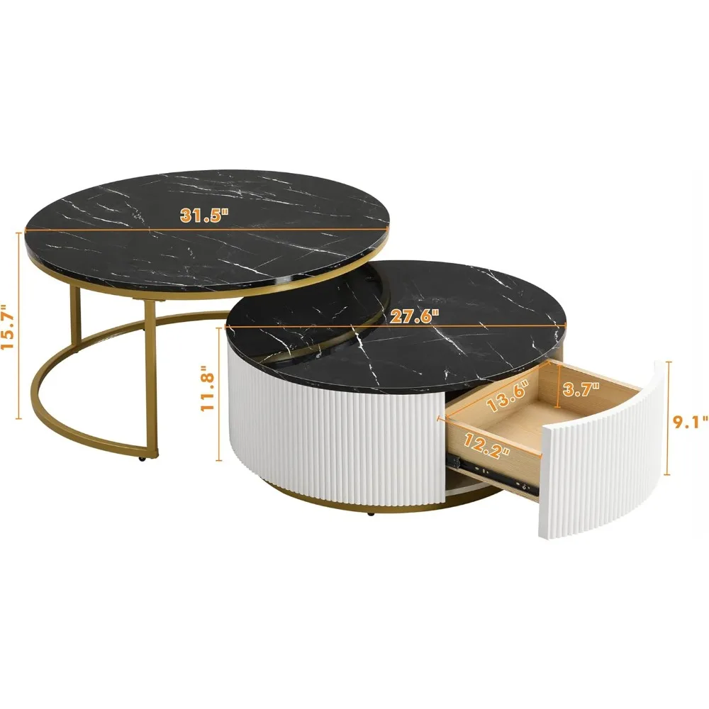 Nesting Coffee Table Set of 2, Modern Round with Drawer, Circular Wood Center for Living Room, Apartment, Black & Gold