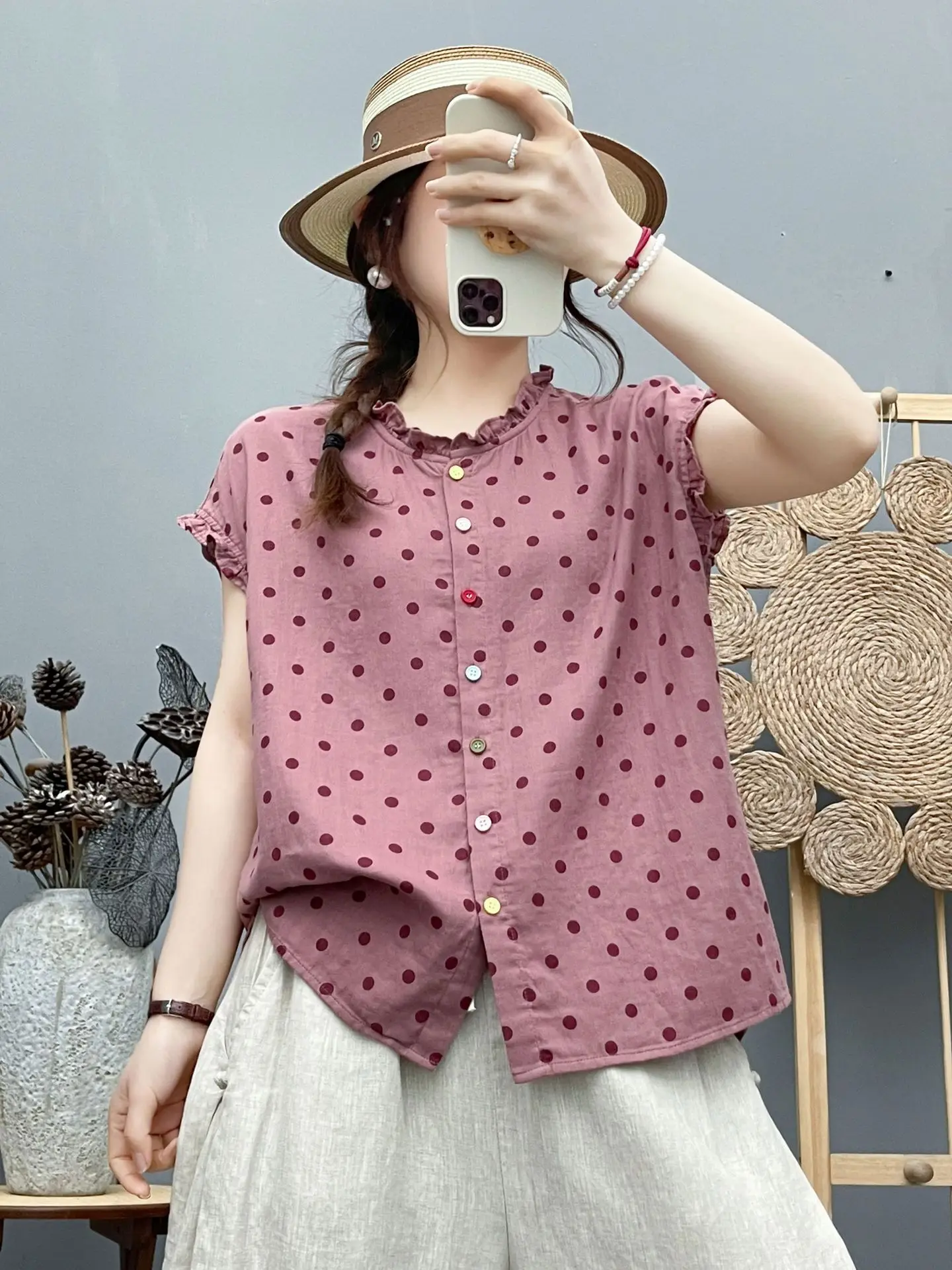 2026 Pure cotton yarn white pink navy blue polka dot print shirts and blouses for women summer Japanese style breathable tops