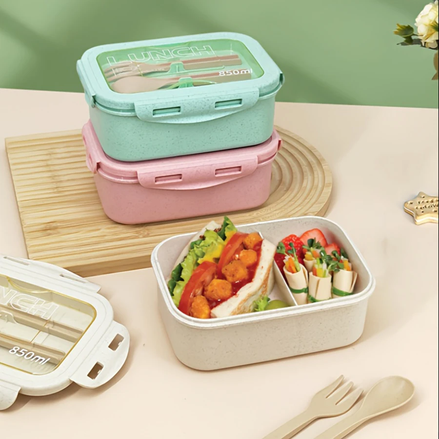 1 Stück Lunchbox mit zwei Fächern, integriertem Besteckset, wiederverwendbar und mikrowellengeeignet (mit abgenommenem Deckel), geeignet für die Küche – Detail 5