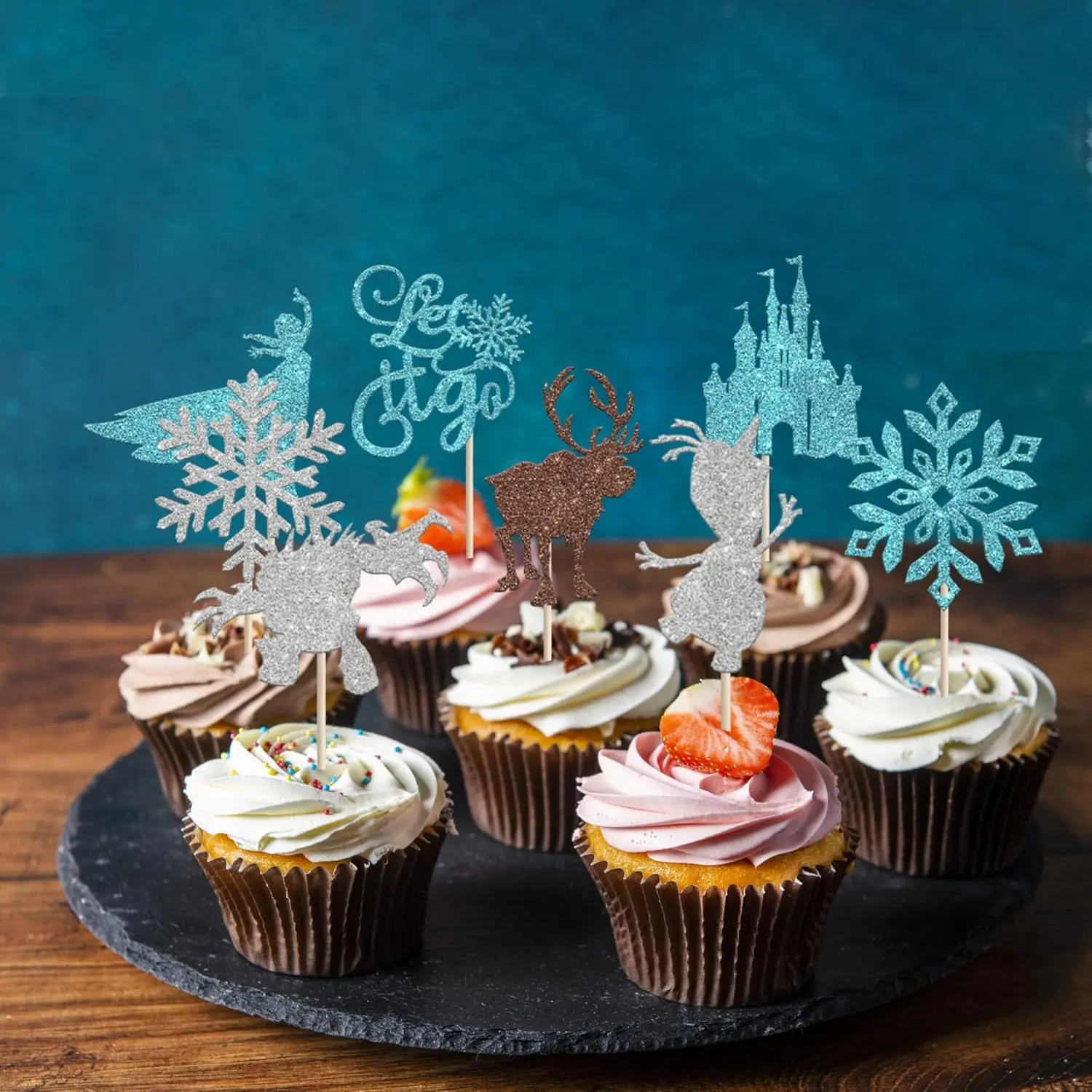 24 PCS Snowflake Cupcake Toppers Glitter Winter Frozen Theme Snowflake Castle Deer Princess Cupcake Picks for Winter Wonderland view 6