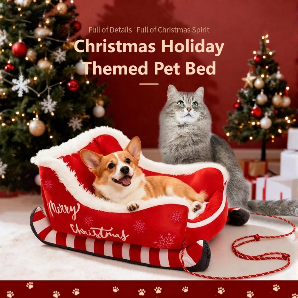 

Christmas Dog Bed Cat Hammock Washable Sofa Nest Anti-slip Bottom Sled Shape Pet Bed for Small Medium Dogs Christmas Decoration