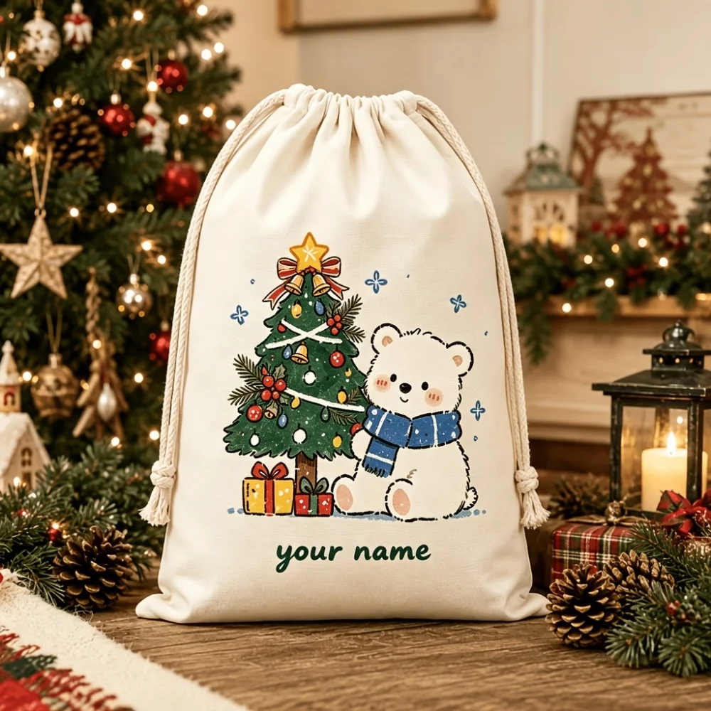 1Pc Christmas Custom Name/Text Imitation Hemp Gift Bag, White Bear Xmas Tree Drawstring Closure Storage Pouch, Party Candy Bags