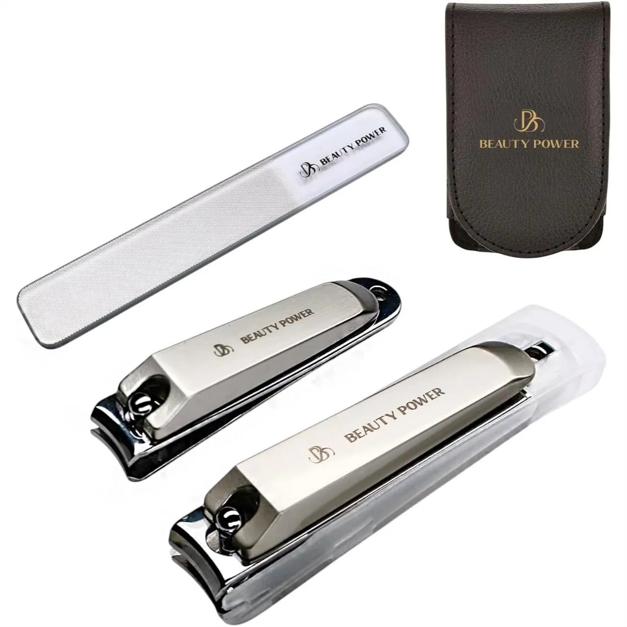

3 in 1 Nail Clippers Set - Stainless Steel Toenail & Fingernail Clipper, Glass Nail File, Anti-Splash, Ergonomic Grip, PU