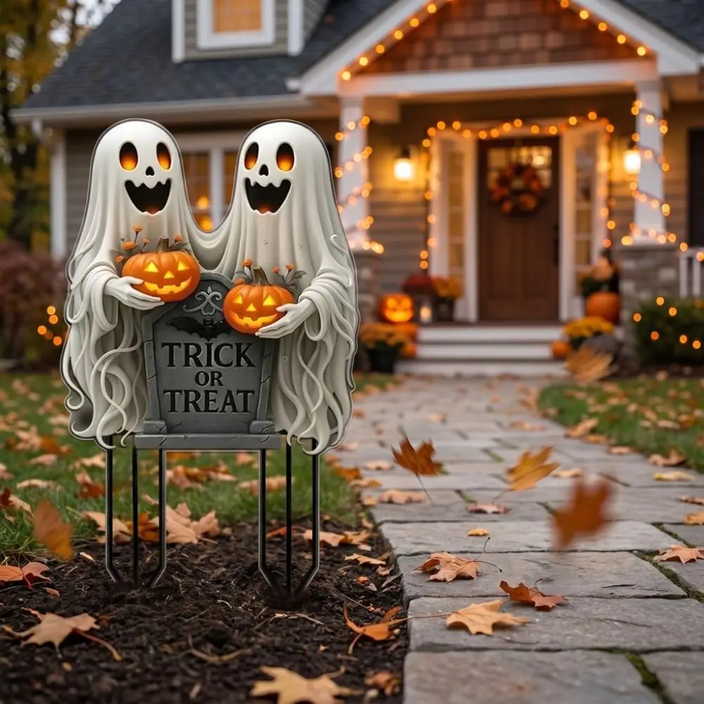 Funny Acrylic Halloween Ghost Stake 2D Flat Trick Or Treat Garden Decoration Pumpkin Floor Socket Ghost Plaque Garden