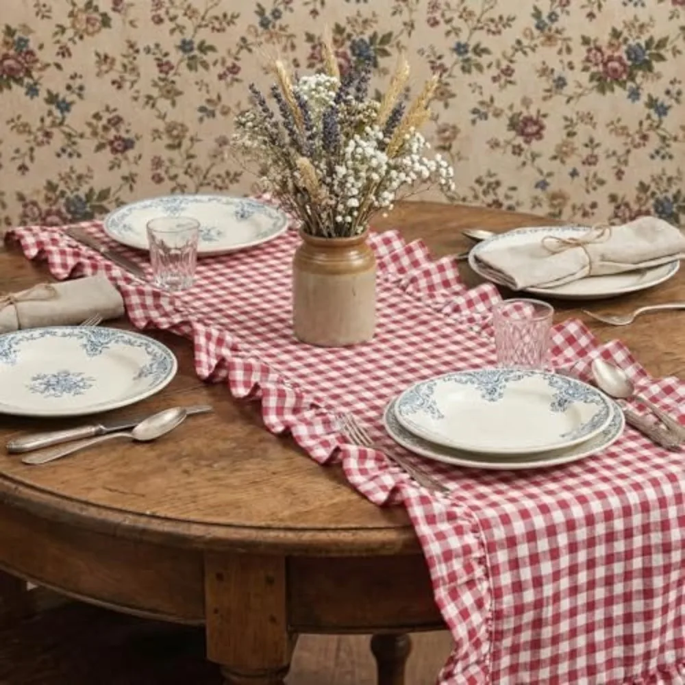 Washed Cotton Table Runner Ruffle Edge Gingham Check Runner Washed Cotton Ruffle Rectangular Soft Table Scarf Wedding Decor