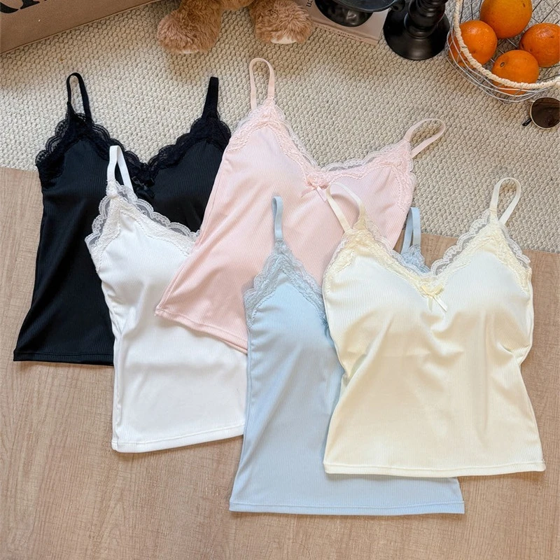 Spaghetti Strap Camis 2026 Summer Lace Ribbed Women Tank Top With Built In Bra Pads Slim Fit Crop Top For Inner & Outer Wear