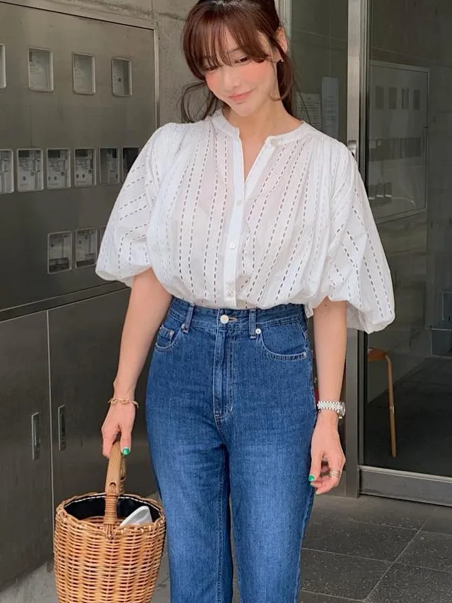 Dentelle évider chauve-souris Sve irt femmes été décontracté ample polyvalent haut doux Sle lanterne Sve rond Ne So...