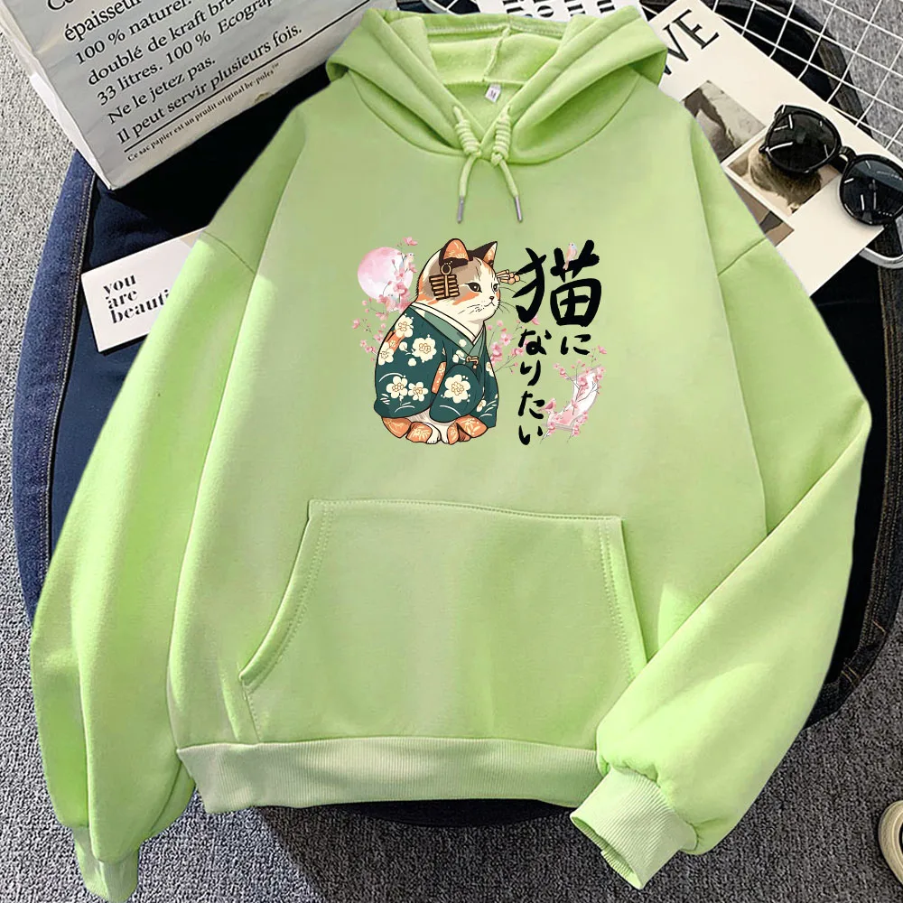 Ukiyoe Style Kanji Cat Printing Hoodies Japanese Blossom Sakura Graphic Sweatshirts Casual Women/Men Clothing Cartoon Pullovers