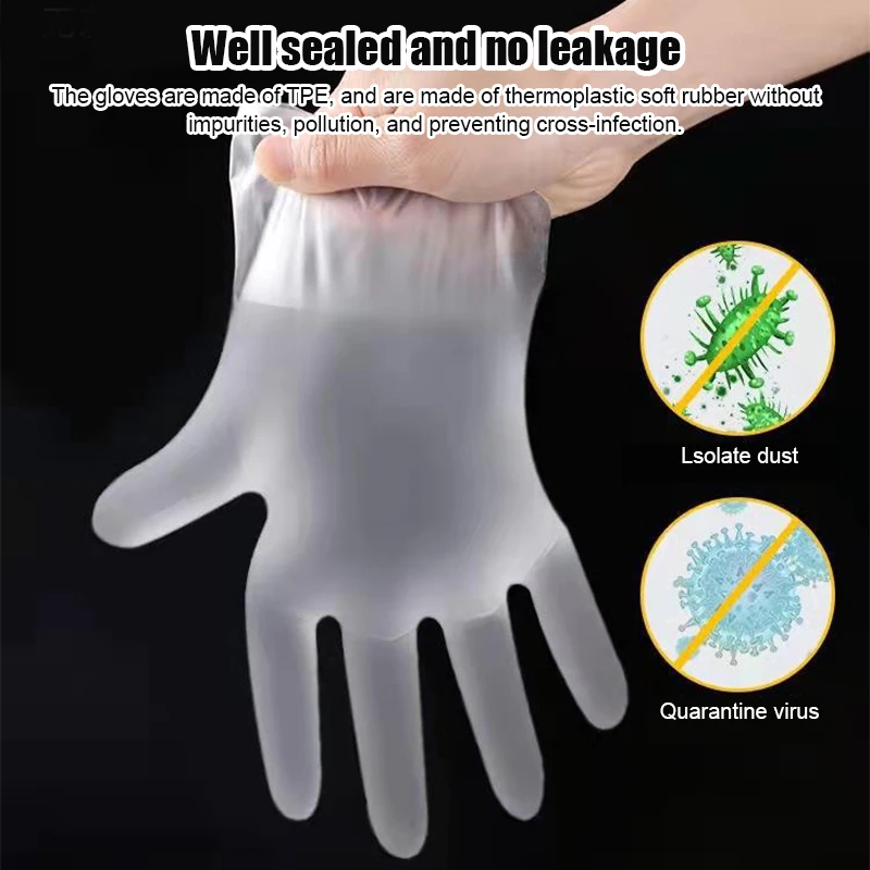 100Pcs Latex Free Gloves TPE Disposable Gloves Transparent Non-Slip Acid Work Safety Food Grade Household Cleaning Gloves