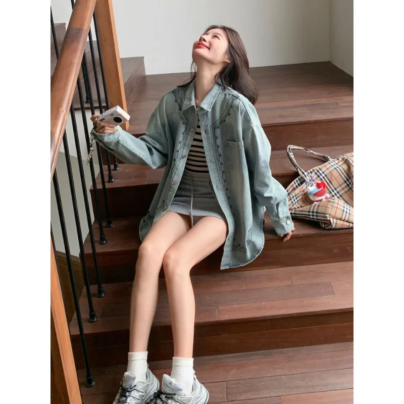 Light Blue Retro Printed Denim Jacket for Women Loose Casual All-match Shirt Button Lapel Cardigan Top