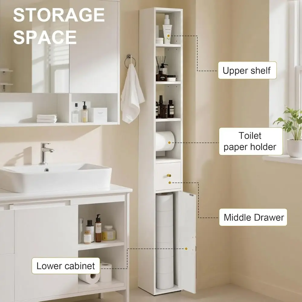 Storage Cabinet, 67" Tall Narrow Bathroom Cabinet with 3 Adjustable Shelves, Toilet Paper Holder, Magnetic Door & Drawer, for Sm