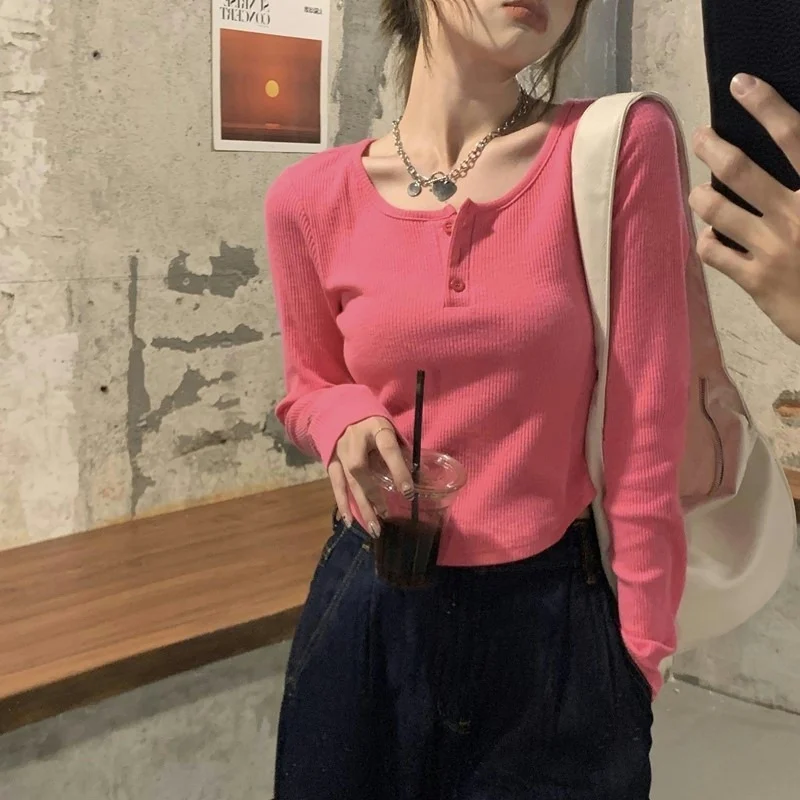 Women's Slim Fit Short Sleeve Knitted T-shirt Long Sleeve Base Shirt Autumn New Style Irregular Knitted Top round Neck Commut...
