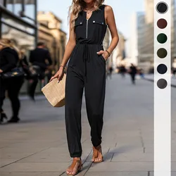 New European Summer Women's Black Sleeveless Long Jumpsuit