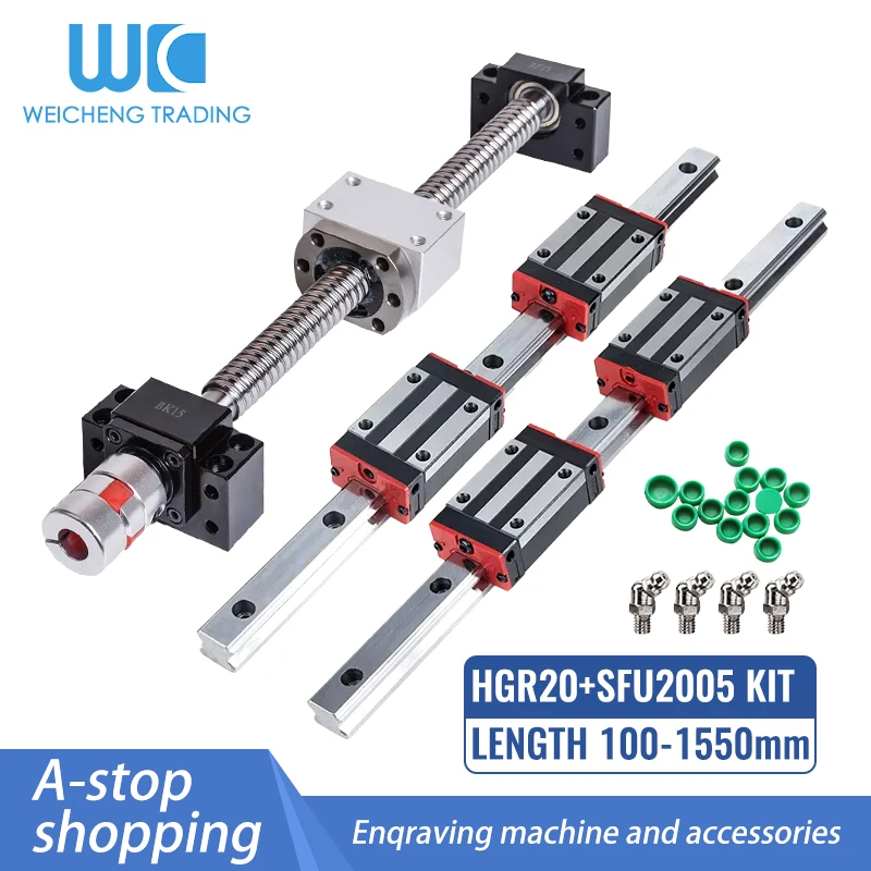 CNC Modul Square Linear Guides Rail HGR20+HGH20CA/HGW20CC Slides+SFU2005 BallScrew End Machined with BKBF15 +Nut Holder+Coupling