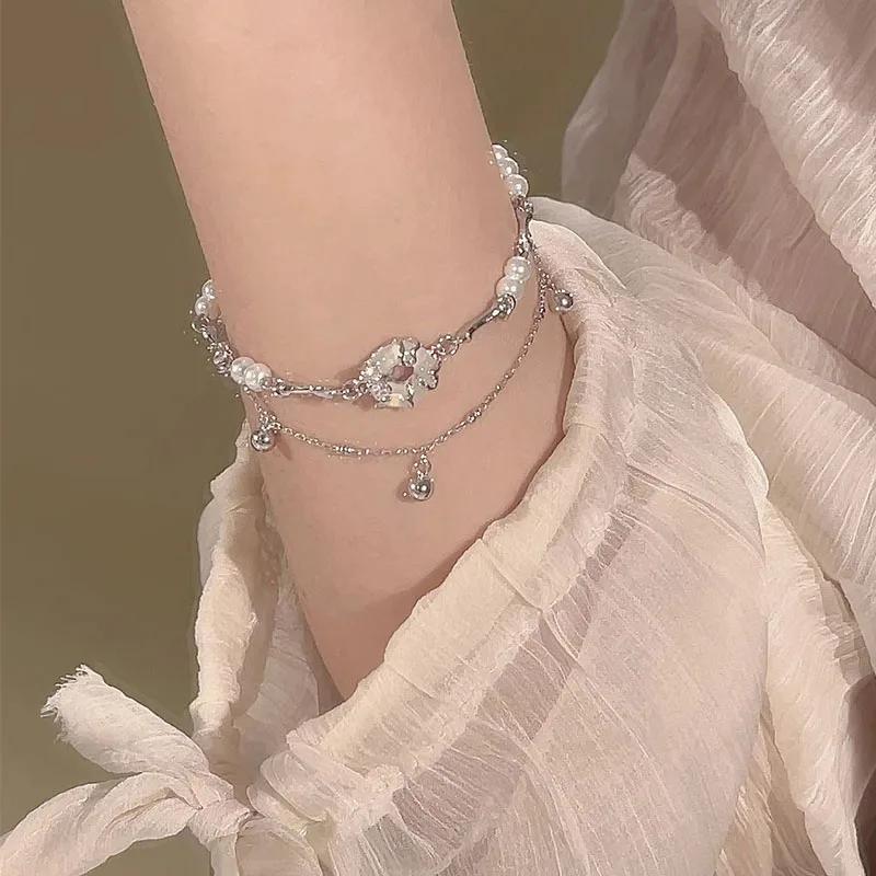 VENTFILLE 925 Sterling Silver Hotan Jade Bell Bracelet For WomenDouble Layer Pearl Irregular Simple Jewelry Gift Dropshipping