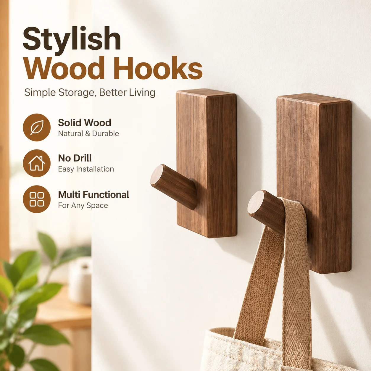 Solid Beech Walnut Wall Hooks Nordic Wood Coat Hangers No Drill Door Mount Multi Functional Home Storage Organizer Rack