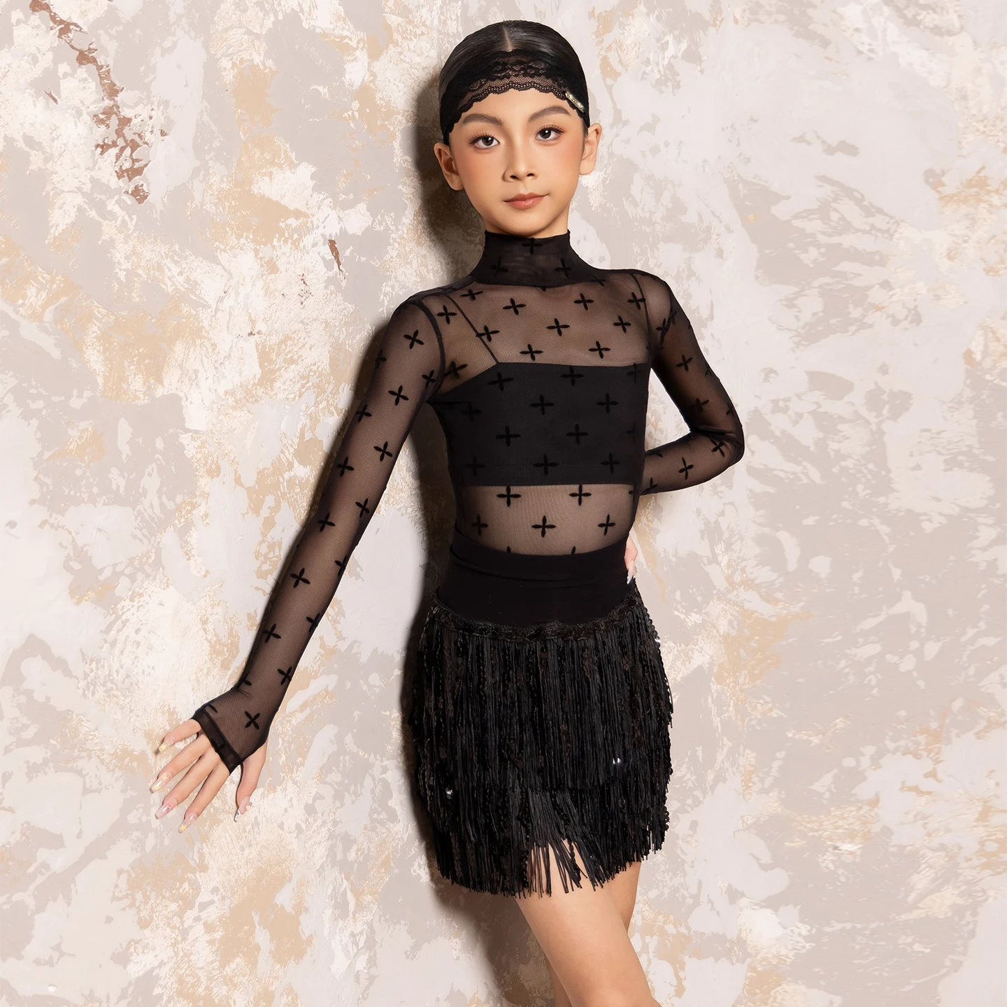 

Новая детская одежда для бальных танцев чача, черный сетчатый топ, юбка с кисточками для девочек, костюмы для сальсы, латинских танцев DW11165