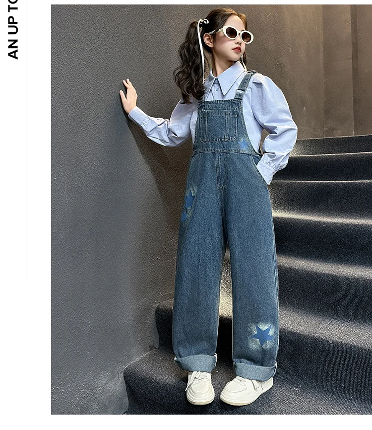 Modische Kinder-Jeans-Overalls für Babymädchen, Blaue Denim-Latzhose mit Trägern, Größe 5 6 7 8 9 10 11 12 13 14 – Detail 4