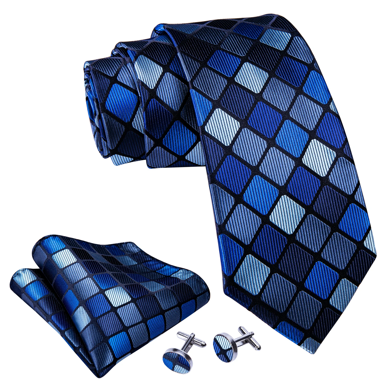 ブルーチェック柄メンズネクタイハンカチカフスセットジャカードネクタイ男性用結婚式ビジネスネクタイフォーマルお父さん夫ギフト