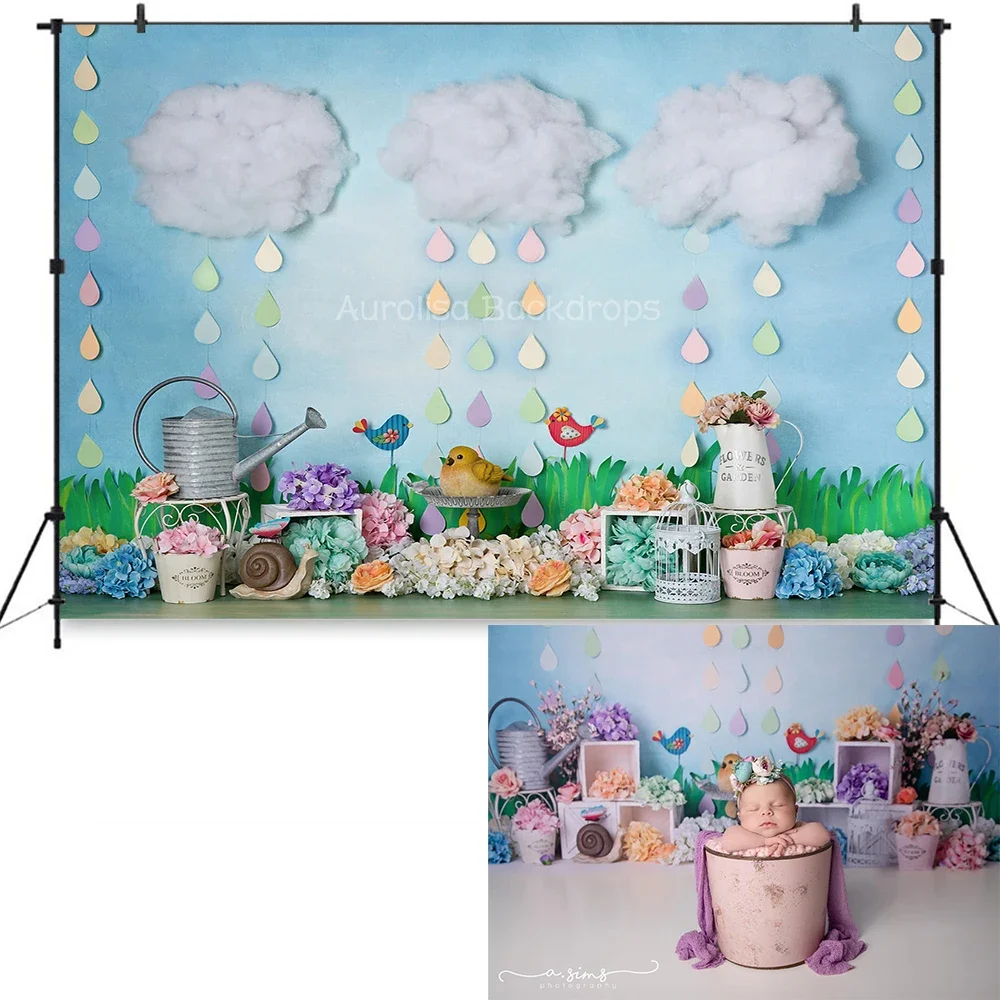 April Showers Bring May Flower Backdrops Kids Baby Photography Birthday Cake Smash Props Child Adult Clouds Birds Background