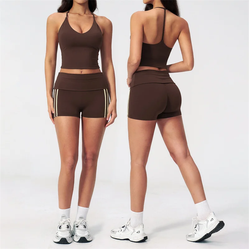 

TRY TO BN 2 Pcs Women's Tracksuit Vest Halter Neck Yoga Shorts Set Color Blocking High Waist Workout Running Fitness Gym Clothes