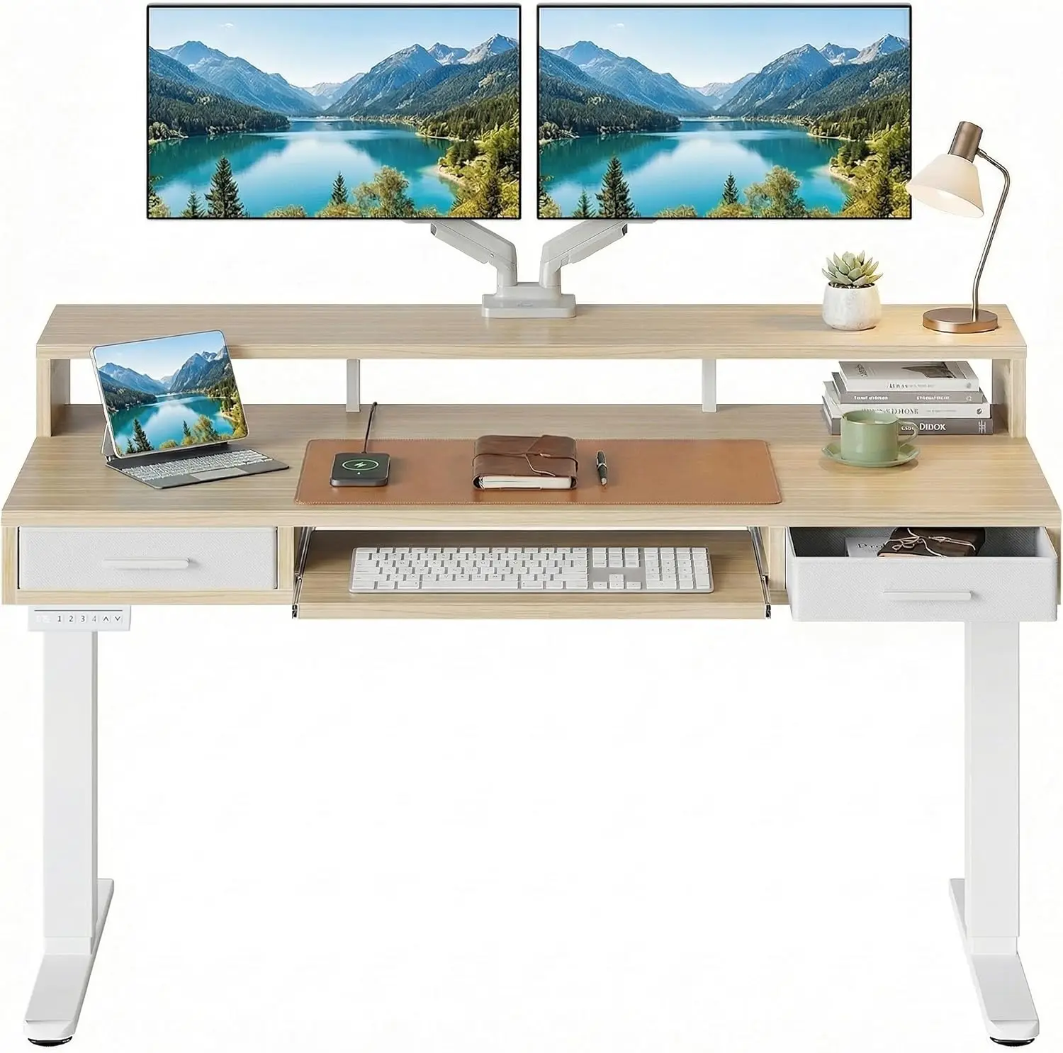 

Электрический регулируемый по высоте стол Light Walnut с большим выдвижным лотком для клавиатуры, крепление на С-образную опору, четыре предустановленных положения по высоте