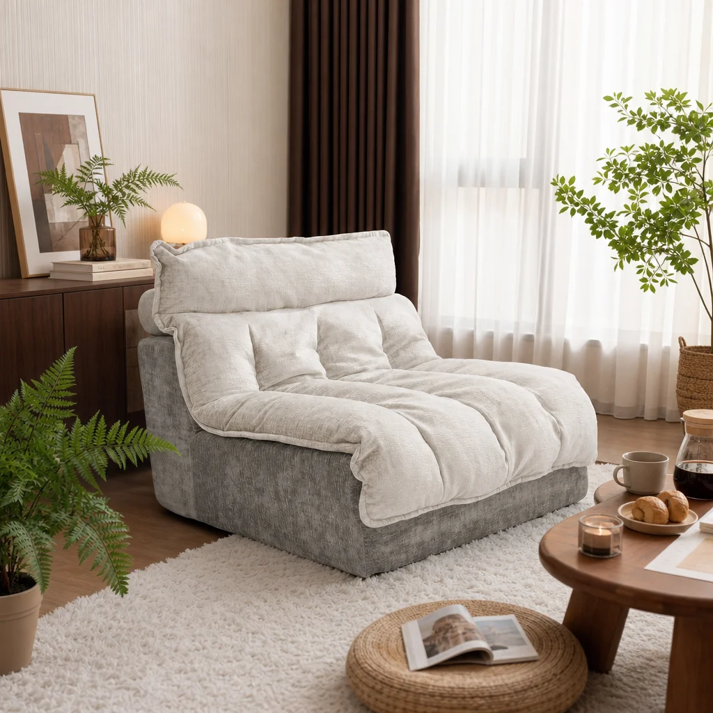 High Density Foam Bean Bag Chair Double Layer Chenille Lazy Sofa Ergonomic Tiered Back Support Compact Single Sofa for Living Room Apartment