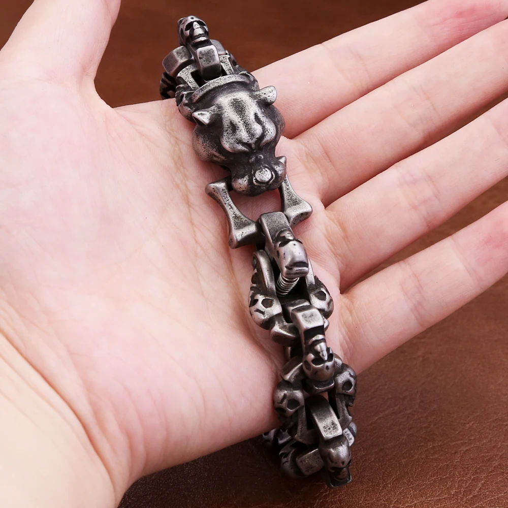 New Vintage Black Leopard Head Bracelet For Men Boys Stainless Steel High Quality Skull Bangles Domineering Amulet Jewelry Gifts