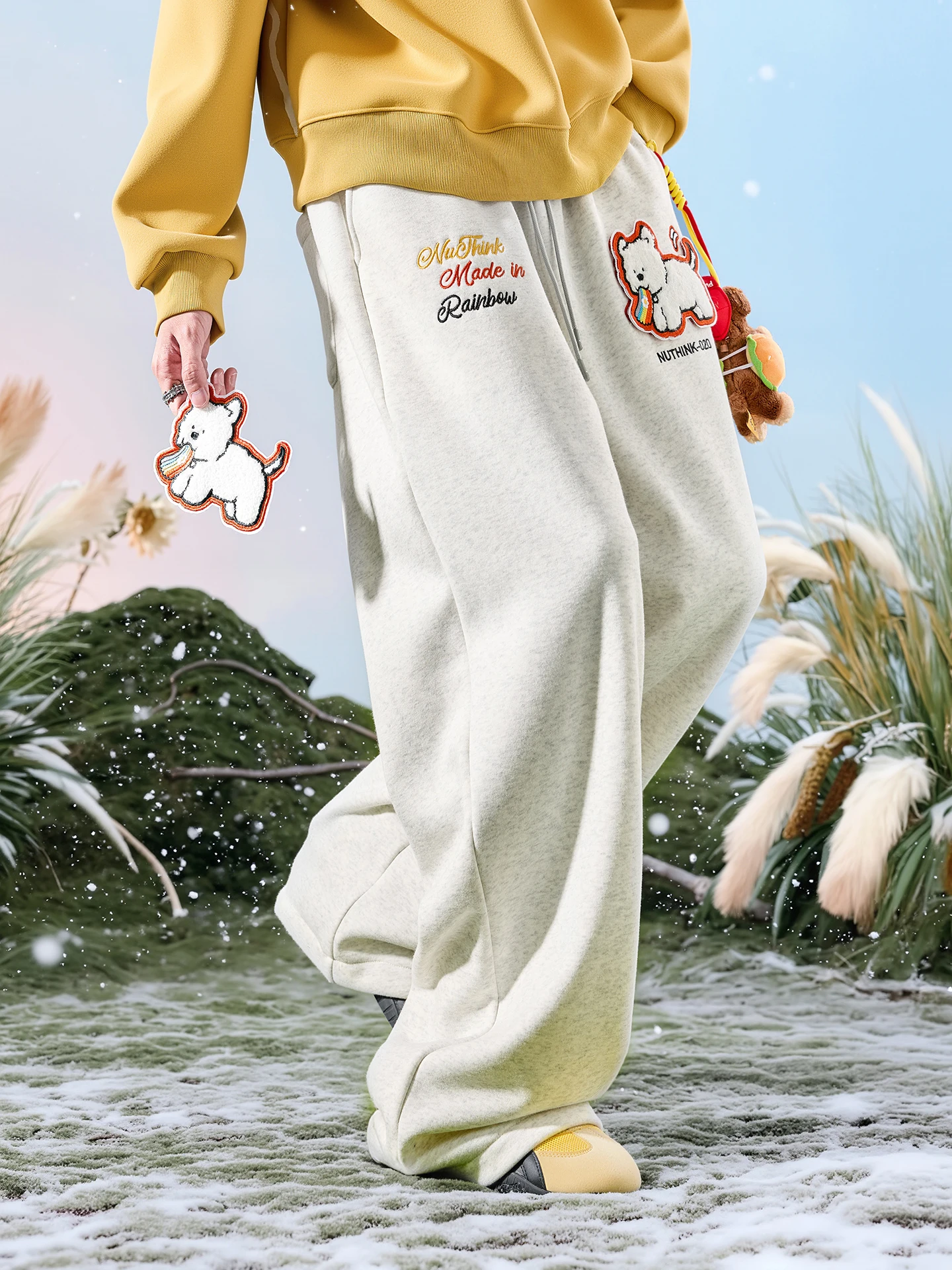

Nuthink American Sle Loose Dog Embroidery Sweatpants Drape Knitted Wide Leg Men's Spring Faion Casual Trousers