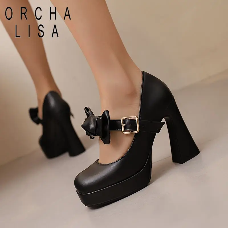 

Туфли-лодочки ORCHA LISA для женщин, с квадратным носком, на толстом каблуке 11 см, платформа 3 см, с пряжкой, бантом, для свиданий, в стиле Мэри Джейн, большие размеры