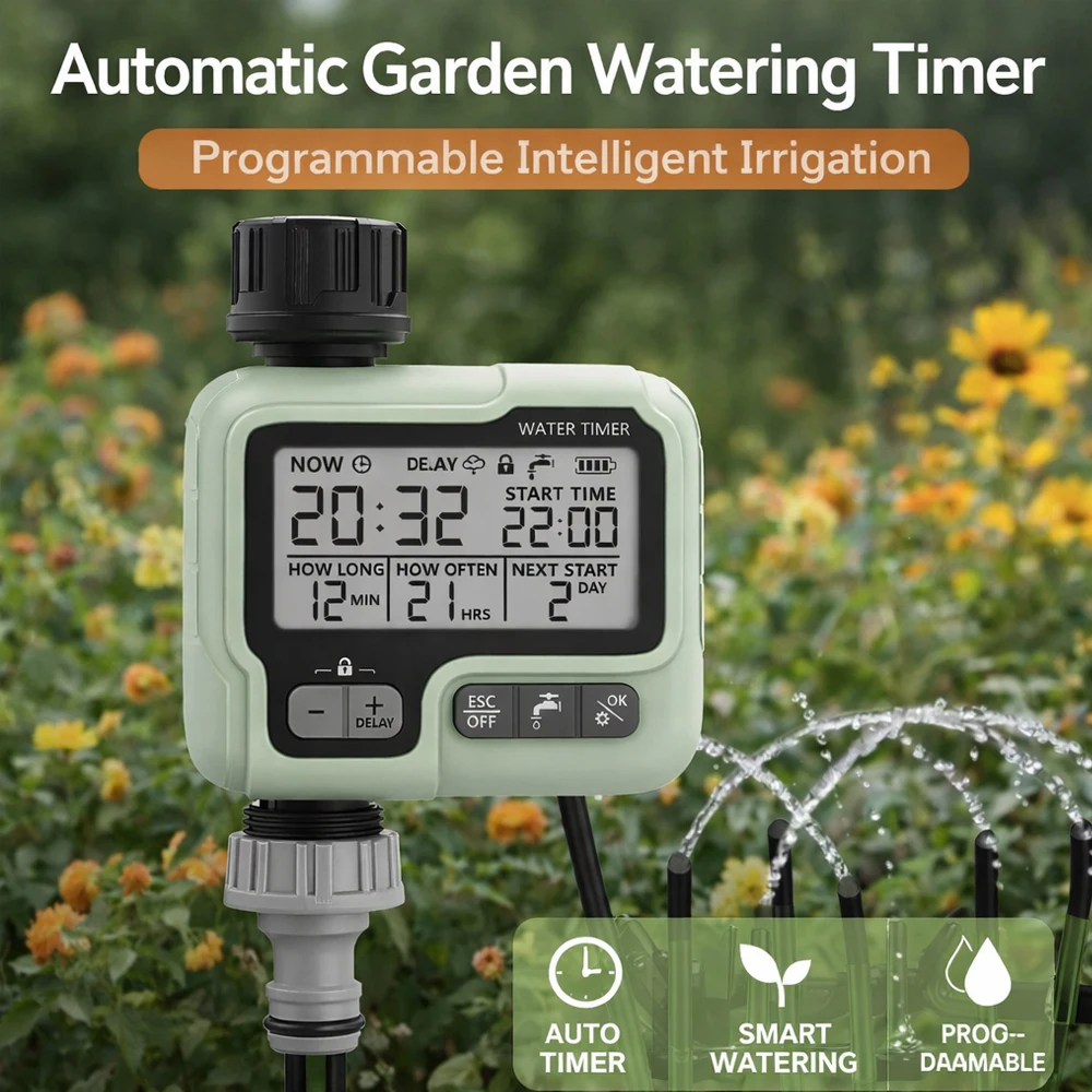 Garden Water Timer with LCD Display, Automatic Irrigation Drip Timer, 360° Connector, IPX5 Outdoor Watering Controller Valve