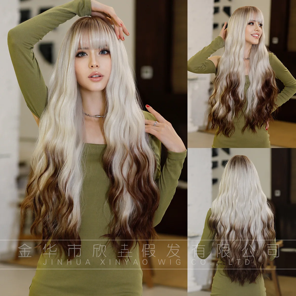 

Long Curly Hair with Large Wave Silver White Hair Tail Dyed Brown Ombre Blonde Wigs