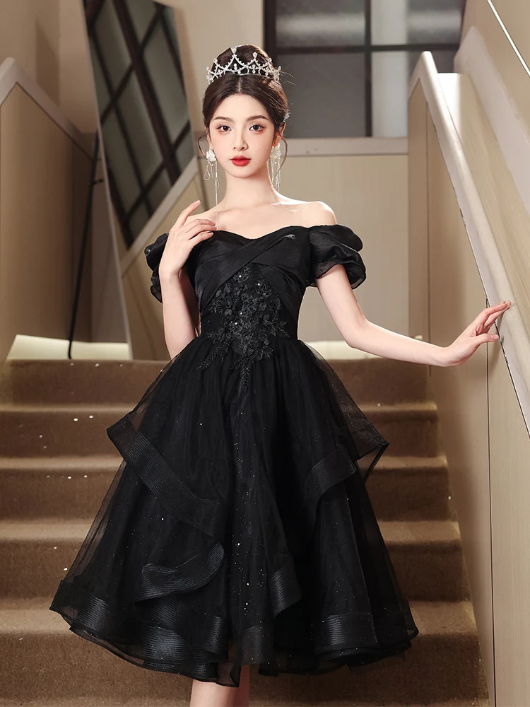 

Ele Bla Evening Gown for Women mid Waist Puffy Skirt ort Sve Beaded Detail Korean Sle Adult Ceremony Dr