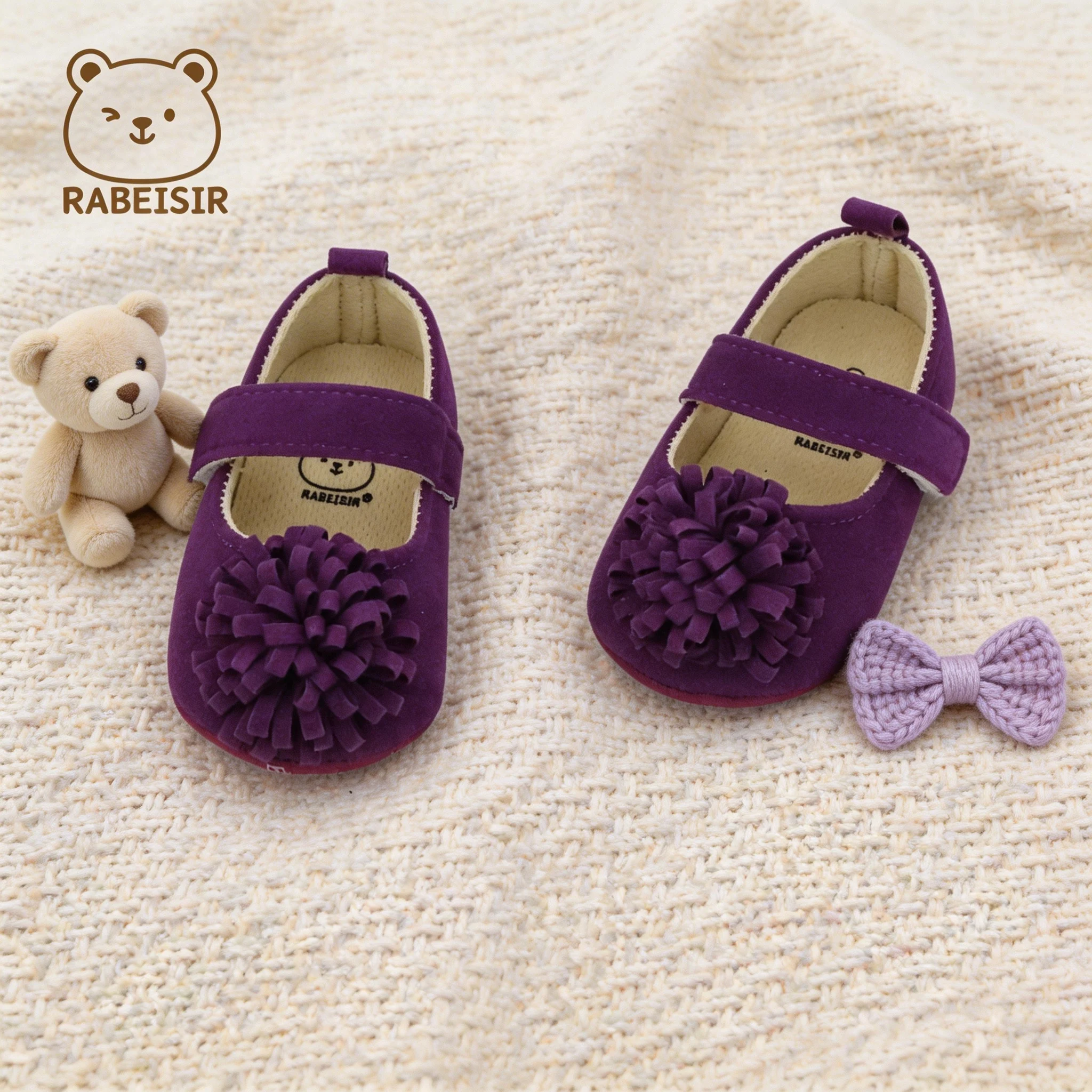 0-18 Months Baby Girl Mary Jane Shoes with 3D Fabric Large Flowers, Velcro Soft Sole Baby Princess Walking Shoes