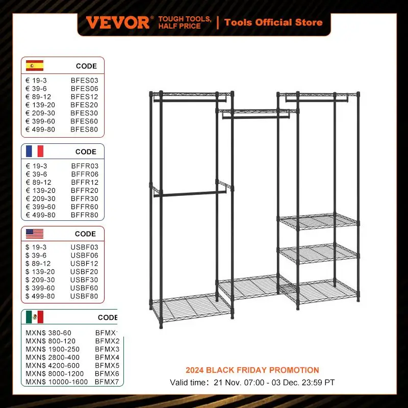 VEVOR Heavy Duty Clothes Rack Garment Rack W/ 4 Hang Rods & 8 Storage Tiers Adjustable Custom Closet Rack Freestanding Wardrobe