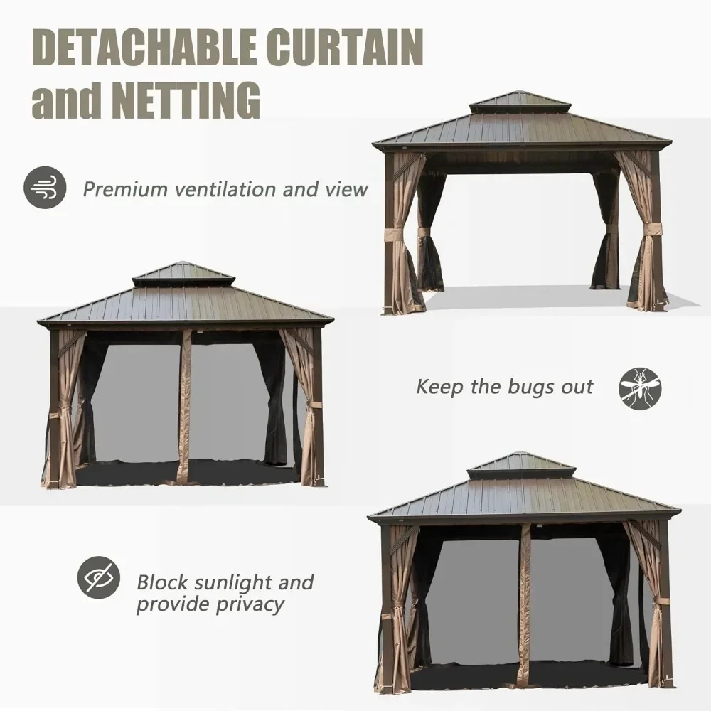 8 'X 8' Hardtop kanopi Gazebo dengan jaring & tirai, Gazebo luar ruangan dengan baja tergalvanis atap ganda untuk teras rumput