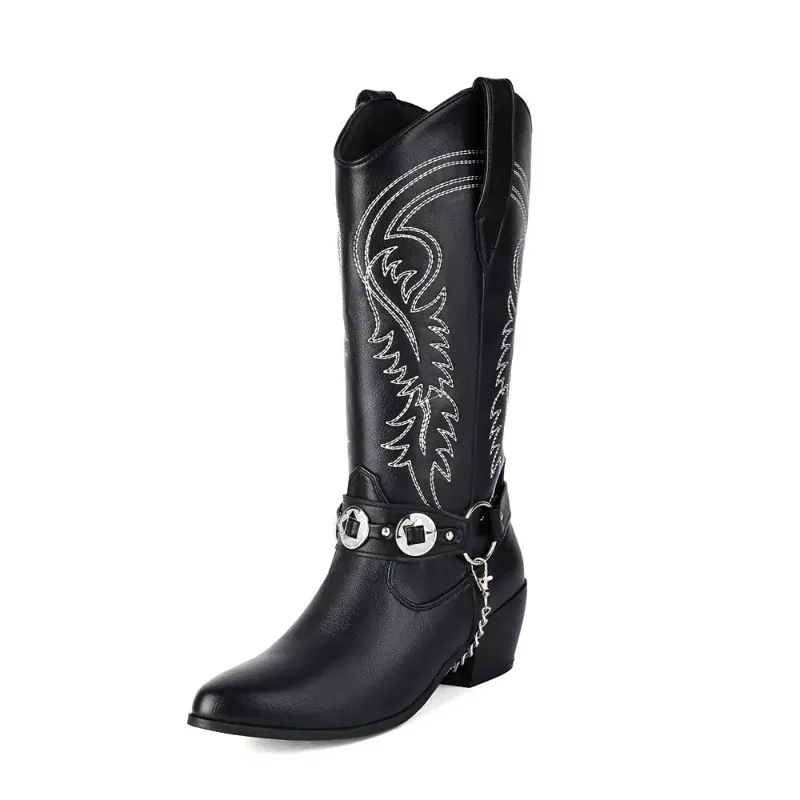Botas de vaquero del oeste de talla grande 48 para mujer, tacones altos, botas occidentales Retro, zapatos bordados