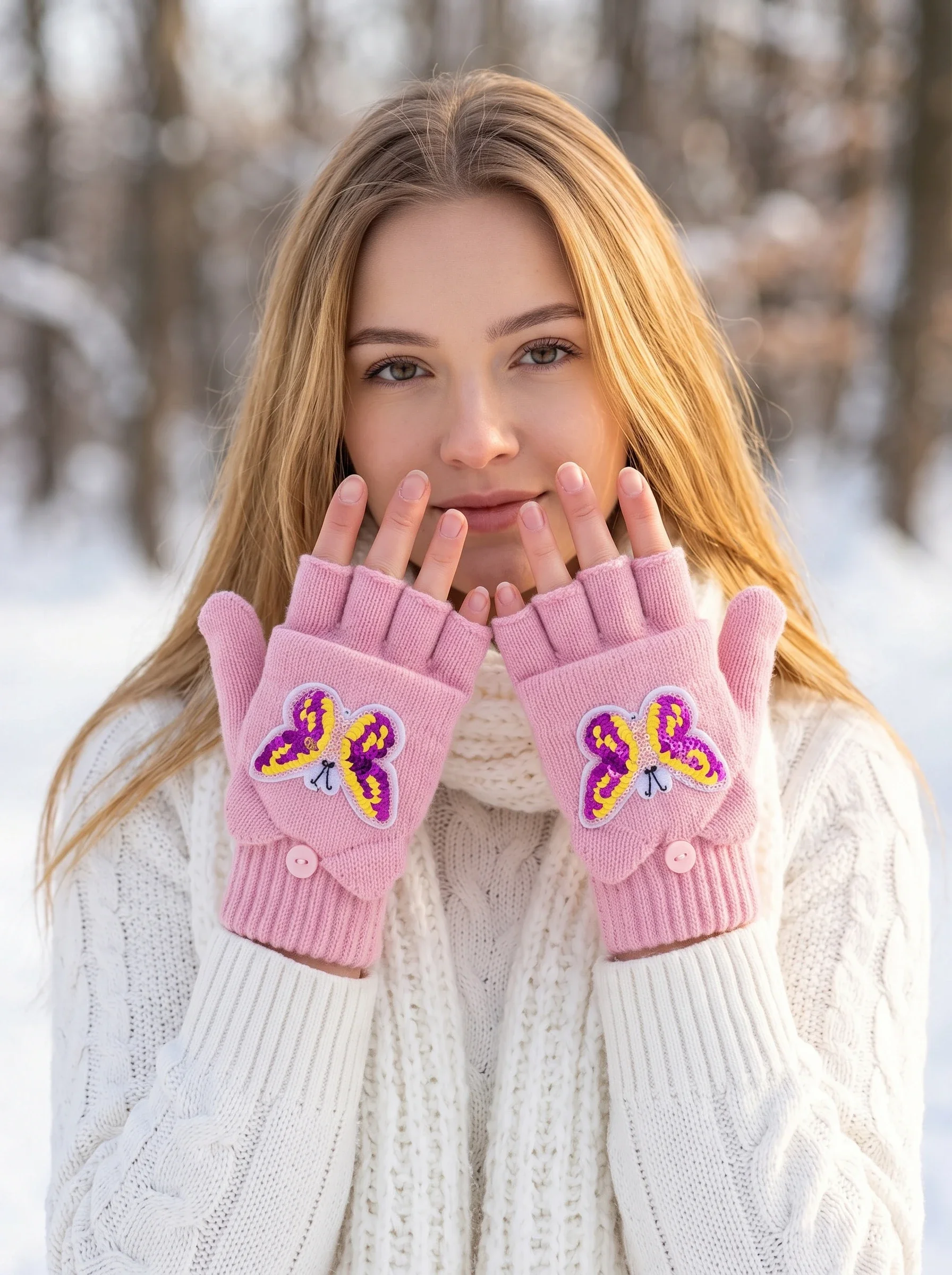 1Pair Women Sequin Embroidery Butterfly Flip Knit Gloves, Winter Half Finger Convertible Warm Knitted Five Finger Gloves