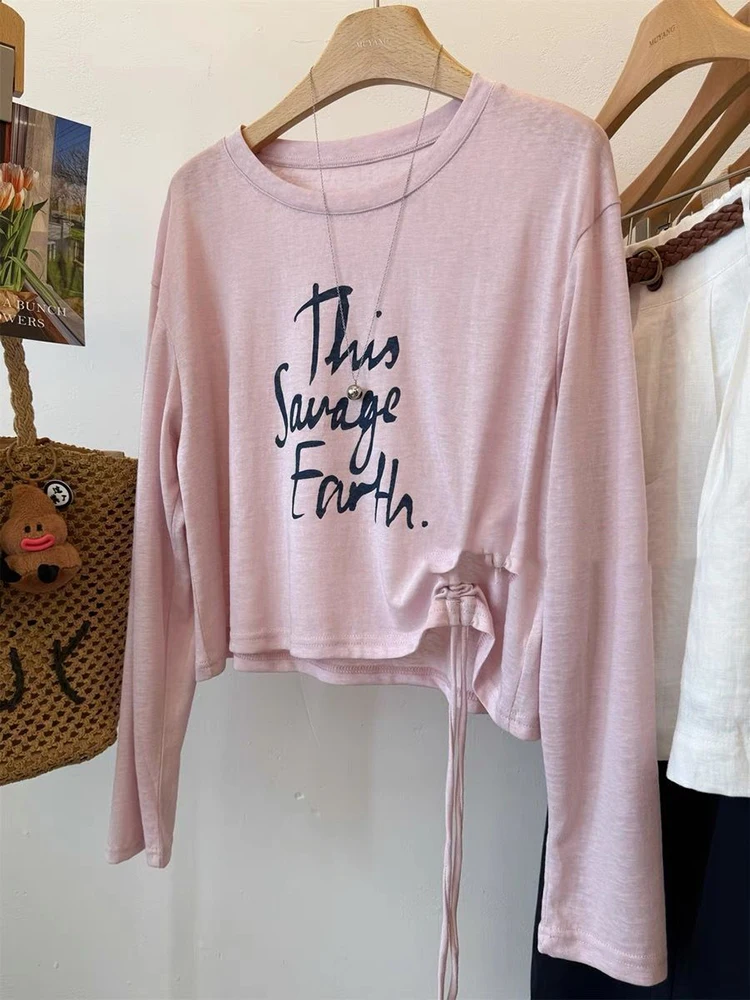 Y2K الرباط التي شيرت المرأة الكورية غطاء للحماية من الشمس إلكتروني طباعة طبقة فضفاضة الصيف